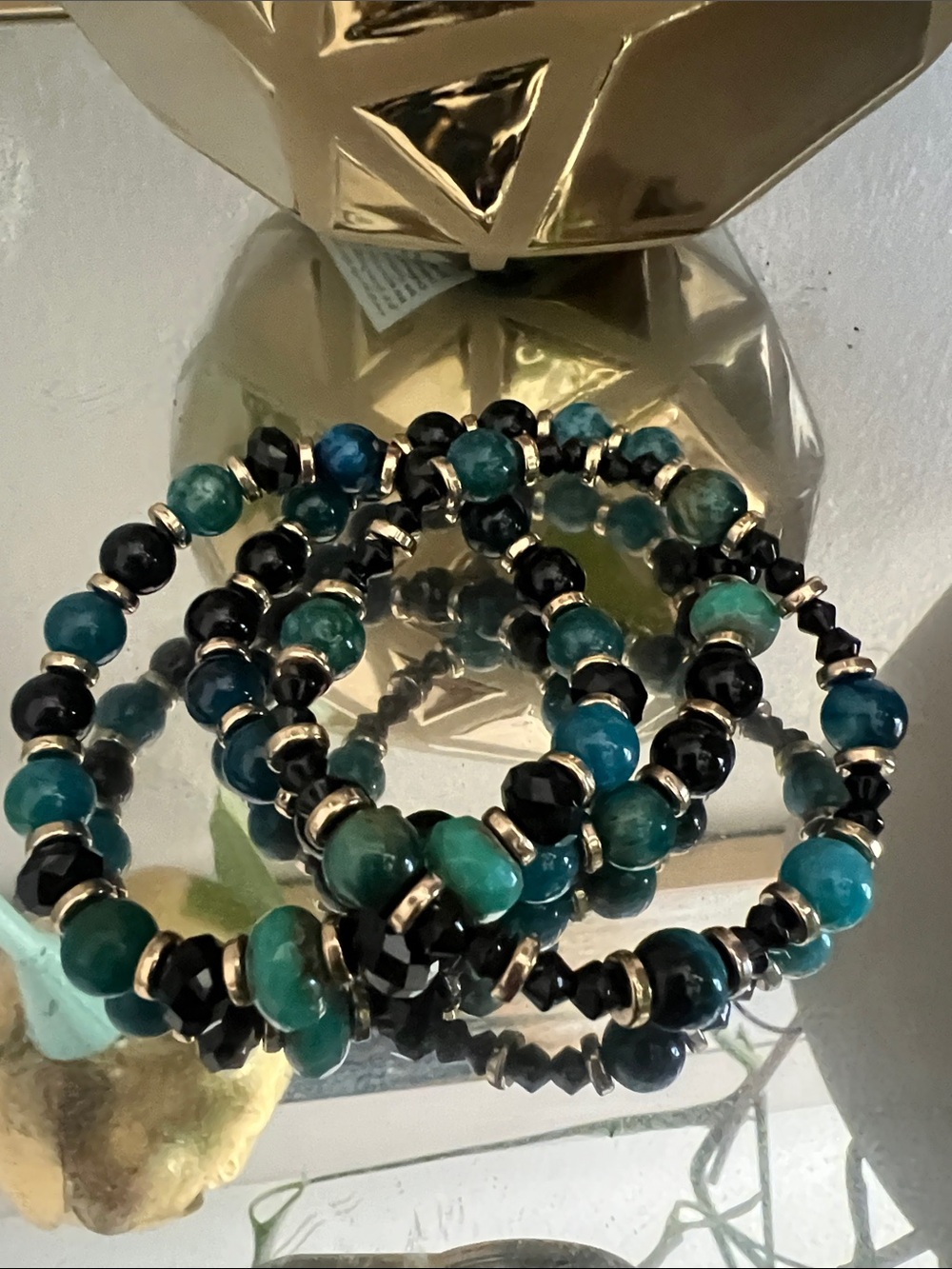 Turquoise Agate and Black Onyx Beaded Stretch Bracelet Set